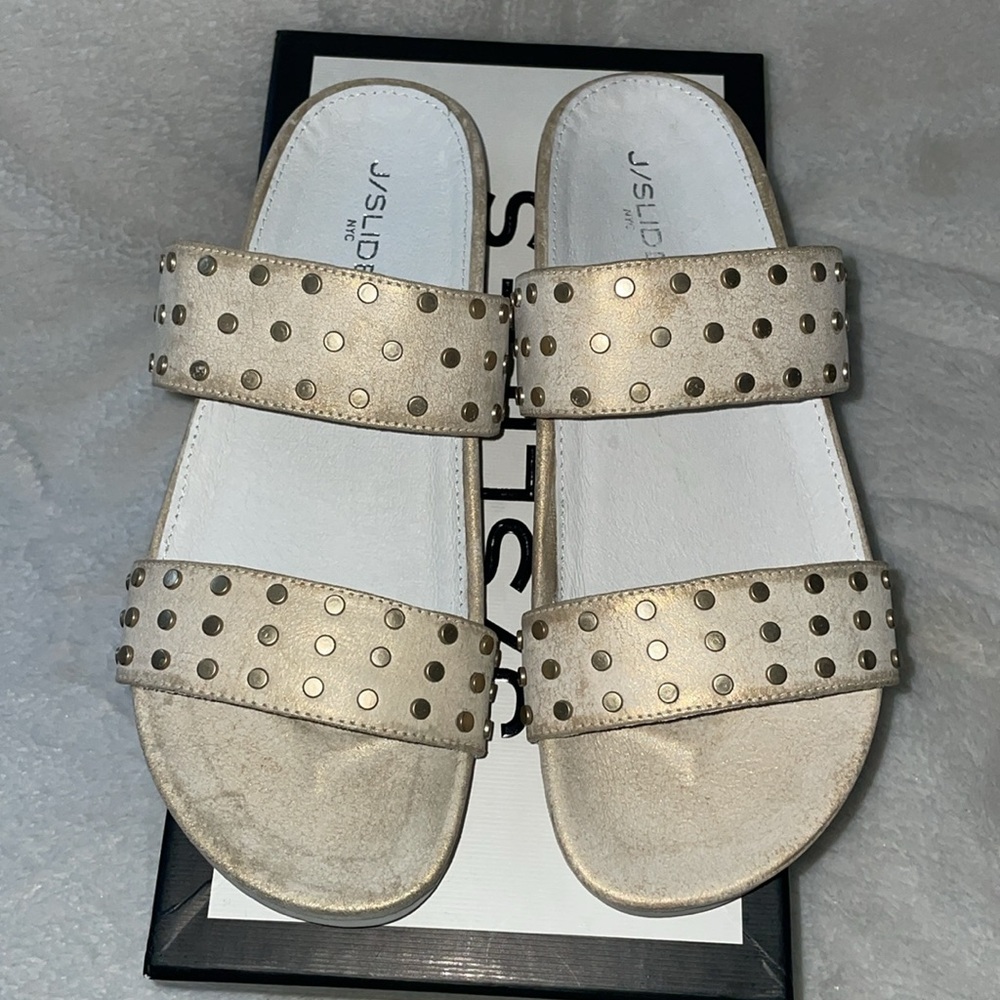 NWT J/SLIDES ERIKA Bronze Metallic Suede Sandal - Picture 8 of 15
